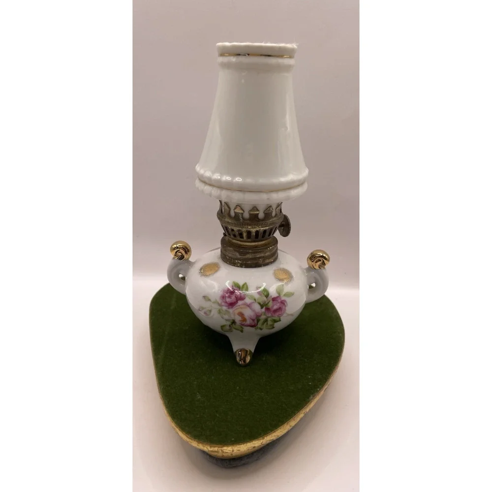 Vintage Porcelain Mini Oil Lamp Rose Floral Shade Gold Trim Made In Japan